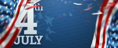 Creative background, inscription 4th of July on a blue background, USA Independence Day, American flag. Independence Day Banner of America, postcard, democracy, copy space.の写真素材