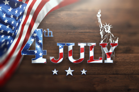 Creative background, inscription 4th of July on wooden background, USA Independence Day, American flag. Independence Day Banner USA, postcard, democracyの写真素材