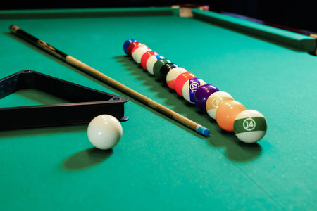 Billiard balls are lined up on a billiard table, American billiards. Sports games, outdoor...