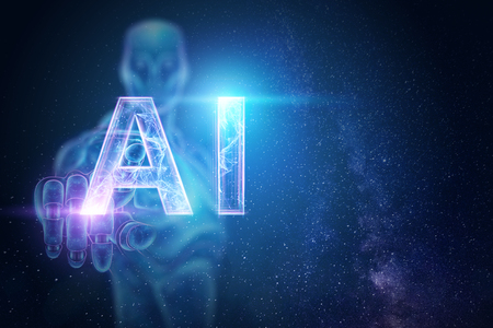 Blue Hologram of a robot, cyborg, artificial intelligence on a blue background. Concept neural networks, autopilot, robotization, industrial revolution 4.0. 3D illustration, 3D rendering.の写真素材