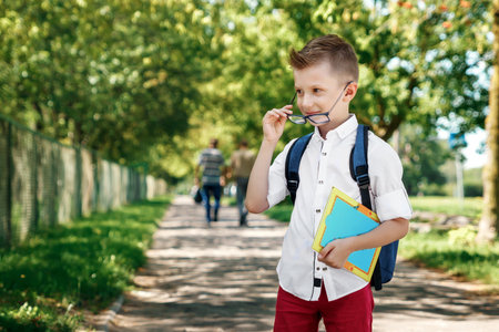 Back to school. A boy from an elementary school with a backpack on the street. The concept of the...