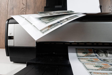 Printer and printed US dollars, counterfeit banknotes, currency counterfeiting. Counterfeiters,...