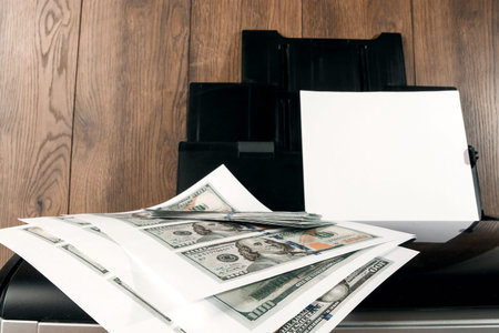 Printer and printed US dollars, counterfeit banknotes, currency counterfeiting. Counterfeiters, printing press, inflation.の写真素材