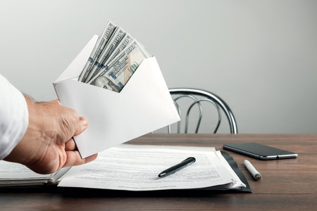 A man's hand with an envelope and US dollars. An entrepreneur offering a white envelope as a bribe,...
