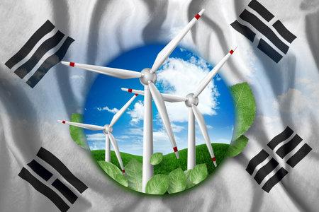 Free energy, windmills against the background of nature and the flag of South Korea. The concept of clean energy, renewable energy sources, free electricity, Mixed media.の写真素材