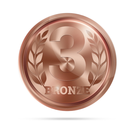 Bronze medal, third place. Winner, champion, number three. 3rd place. Metalworker's reward. Red ribbon. Isolated on white background. Realistic illustration. Sports theme.の写真素材