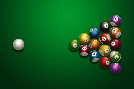 Billiards, full set of billiard balls isolated on a green background. Snooker. Illustrationの写真素材