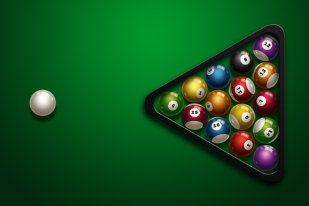 Sports theme with billiards, a full set of billiard balls, cue, on a green background. Top view, flat lay, copy space, snooker. Illustrationの写真素材