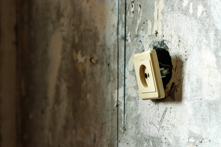 An old, yellow rosette on a gray concrete wall. Repairs