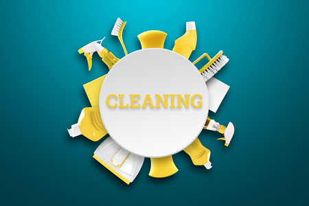Image with various tools for cleaning the premises of yellow on a blue background. The concept of cleaning the premises, cleanliness.の写真素材