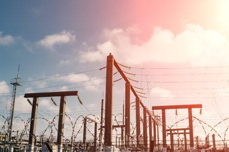 Power plant is a station of transformation. A lot of cables, poles and wires, transformers. Electro-energy.の写真素材