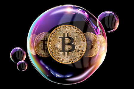Gold Coins Bitcoin in a soap bubble. The concept of instability of the crypto currency, electronic money, the burning of the crypto currency. against a dark backgroundの写真素材