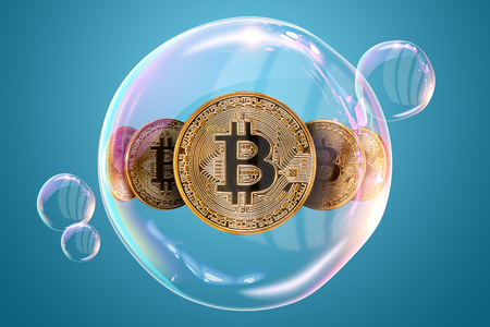 Gold Coins Bitcoin in a soap bubble. The concept of instability of the crypto currency, electronic money, the burning of the crypto currency. on a blue backgroundの写真素材