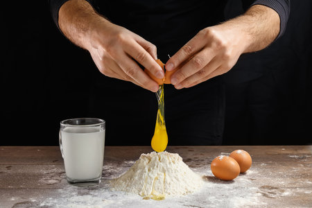 Hands of the cook close-up, breaks the egg into flour, a glass of fresh milk, cooking dough on a...