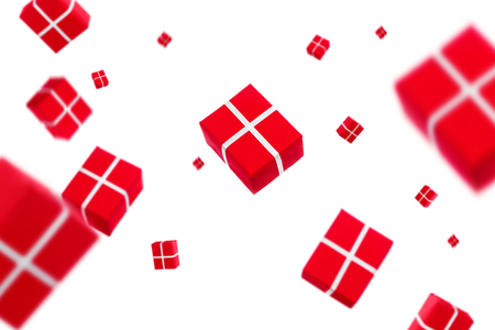 Colorful gift boxes with confetti falling or flying in motion.の写真素材