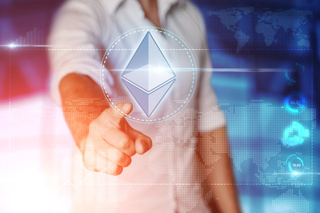 Businessman clicks on a virtual screen and selects ETHEREUM. Blue background. Business concept....