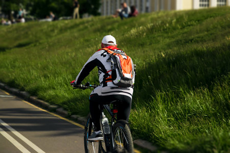 A cyclist at top speed on the triathlon race.