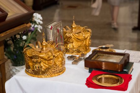 two wedding crowns in the churchの写真素材