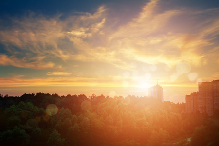 Outskirts of the city during the sunset. Natural summer landscapeの写真素材