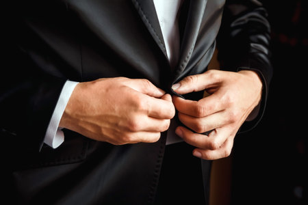 A man buttoning a blue jacket black jacket, white shirt