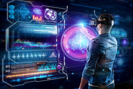 Portrait of a man with glasses of virtual reality, vr, interacts with a virtual screen. The concept...
