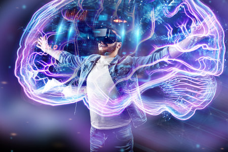 Portrait of a man with glasses of virtual reality, vr, interacts with a virtual screen. The concept...