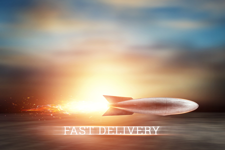 Creative background, rocket takes off. Super fast delivery, cool service, online shopping, space, satellites. Copy space, Mixed mediaの写真素材