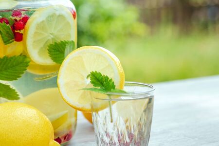 Homemade lemonade with fresh lemons, mint and cranberries. A can of lemonade against a background of green foliage, beautiful bokeh. The concept of fresh lemonade, cold juice, heat, summer coolness.の写真素材