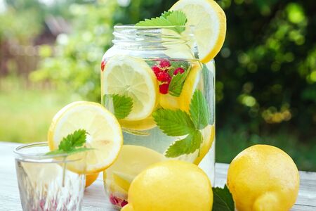 Homemade lemonade with fresh lemons, mint and cranberries. A can of lemonade against a background of green foliage, beautiful bokeh. The concept of fresh lemonade, cold juice, heat, summer coolness.の写真素材