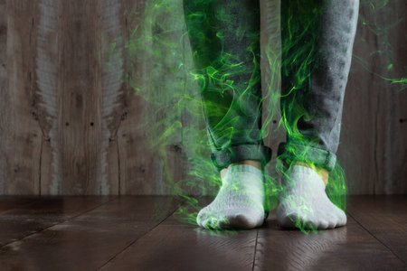 The legs of a man close up, stink. Nasty smell. Stink legs, fungus on the legs.の写真素材