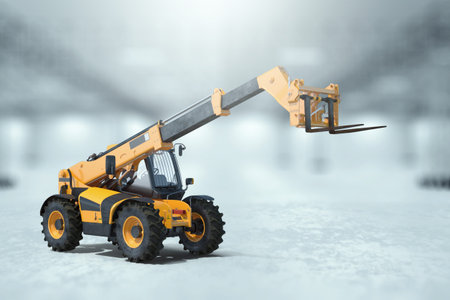 3D rendering, Yellow loader on the background of a large warehouse. The concept of logistics,...