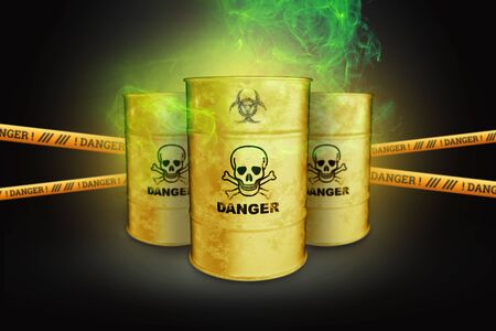 Yellow waste barrels on a black background. Biological waste. The concept of chemical waste, pollution of nature, toxins. 3D render, 3D illustration.の写真素材