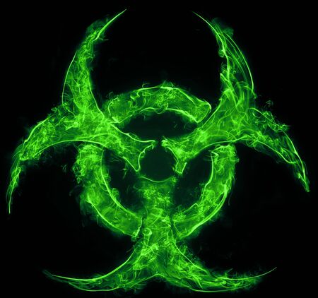 Green Biohazard Symbol on Black Background. Sign of biological hazard. The concept of chemical waste, pollution of the nature, radiation waste.の写真素材