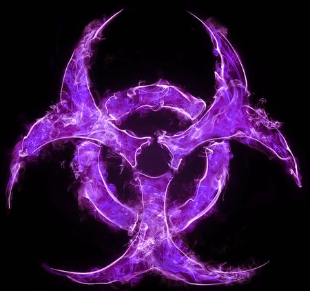 Lilac symbol of biological hazard on a black background. Sign of biological hazard. The concept of chemical waste, pollution of the nature, radiation waste.の写真素材