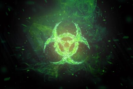 Green Biohazard Symbol on Black Background. Sign of biological hazard. The concept of chemical waste, pollution of the nature, radiation waste.の写真素材