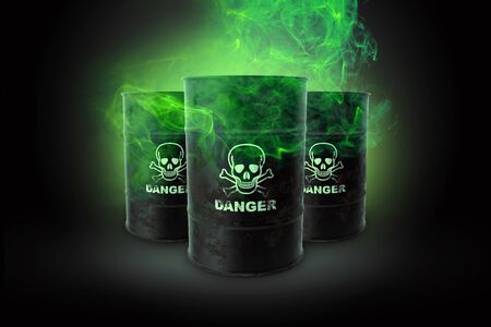 Black barrels with waste on a black background. Biological waste. The concept of chemical waste, pollution of nature, toxins. 3D render, 3D illustration.の写真素材