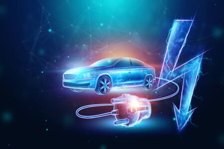Creative background, Electric car with charging wire, hologram, electricity sign. The concept of electromobility e-motion, charging for the car, modern technology. 3D Render, 3D illustration.の写真素材