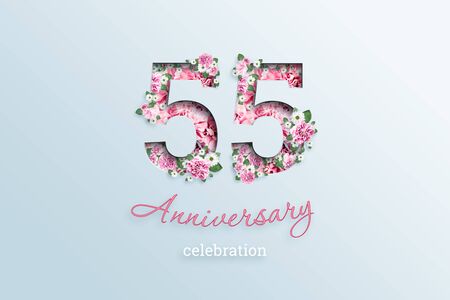 Creative background, the inscription 55 number and anniversary celebration textis flowers, on a light background. Anniversary concept, birthday, celebration event, template, flyer.の写真素材
