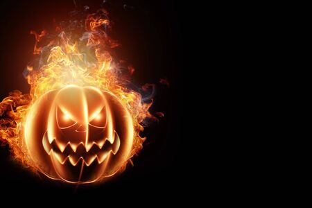 Creative background, fire pumpkin on a dark background. Festive background, flyer, October 31, design for the club. 3D illustration, 3D design.の写真素材