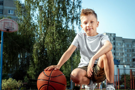 Portrait of a boy with a basketball on a basketball court. The concept of a sports lifestyle, training, sport, leisure, vacationの写真素材