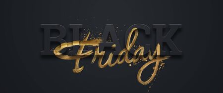 Black friday sale inscription gold letters on a black background, horizontal banner, design template. Copy space, creative background. 3D illustration, 3D designの写真素材