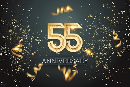 Golden numbers, 55 years anniversary celebration on dark background and confetti. celebration template, flyer. 3D illustration, 3D rendering.の写真素材