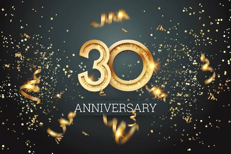 Golden numbers, 30 years anniversary celebration on dark background and confetti. celebration template, flyer. 3D illustration, 3D rendering.の写真素材