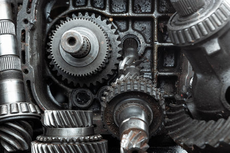 Dismantled car gearbox with gears, close-up. Repair box predach, repair of used cars. Metal...