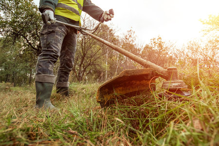 A working man in professional outfit mows grass with a trimmer, a mower. Mowing lawns, roadsides,...