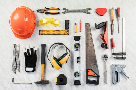 construction tools on a white background. A collection of construction tools. Construction, repair
