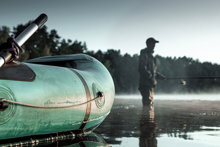 Inflatable boat on the lake at dawn, a fisherman at dawn fishing.