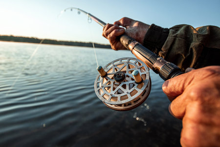 Hands of a man hold a fishing rod, a fisherman catches fish at dawn.