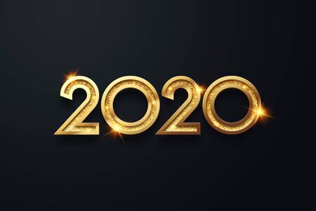 Lettering 2020 happy new year. Gold metallic numbers 2020 on a dark background. 3d illustration, 3D render. Festive design of merry christmasの写真素材