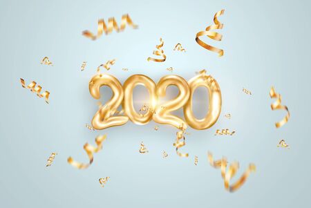 Lettering 2020 happy new year. Gold metallic numbers 2020 on a light background. 3d illustration, 3D render. Festive design of merry christmasの写真素材